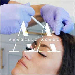 A person receives a cosmetic injection in the forehead by a gloved professional. The text "Avabello Academy" is visible over the image.