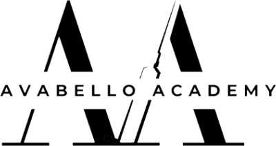 Logo for Avabello Academy featuring two large stylized "A" letters with the name "Avabello Academy" written across them, and a vertical diagonal line intersecting the second "A.