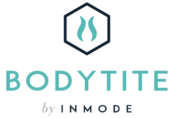 BodyTite by InMode logo featuring a hexagonal icon with two wavy lines inside, and the brand name in teal and gray text below.