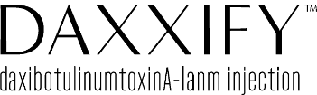 The image shows the DAXXIFY logo with the subtitle "daxibotulinumtoxinA-lanm injection" beneath it in black text on a light background.