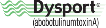 Dysport logo with green wavy lines and the text "Dysport (abobotulinumtoxinA)" in bold and regular font.