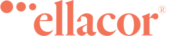 The image shows the "ellacor" logo in lowercase, orange font with three orange dots above the first letter and a registered trademark symbol.