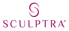 Sculptra logo featuring a stylized "S" above the brand name in capital, maroon letters on a light background.