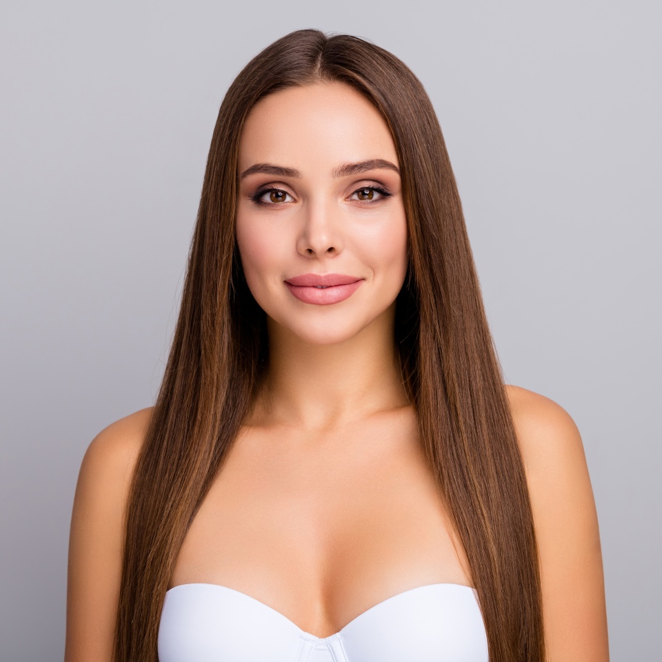 Close-up portrait of her she nice-looking attractive lovely gorgeous fascinating straight-haired girl wearing bra clean clear skin isolated over gray pastel color background