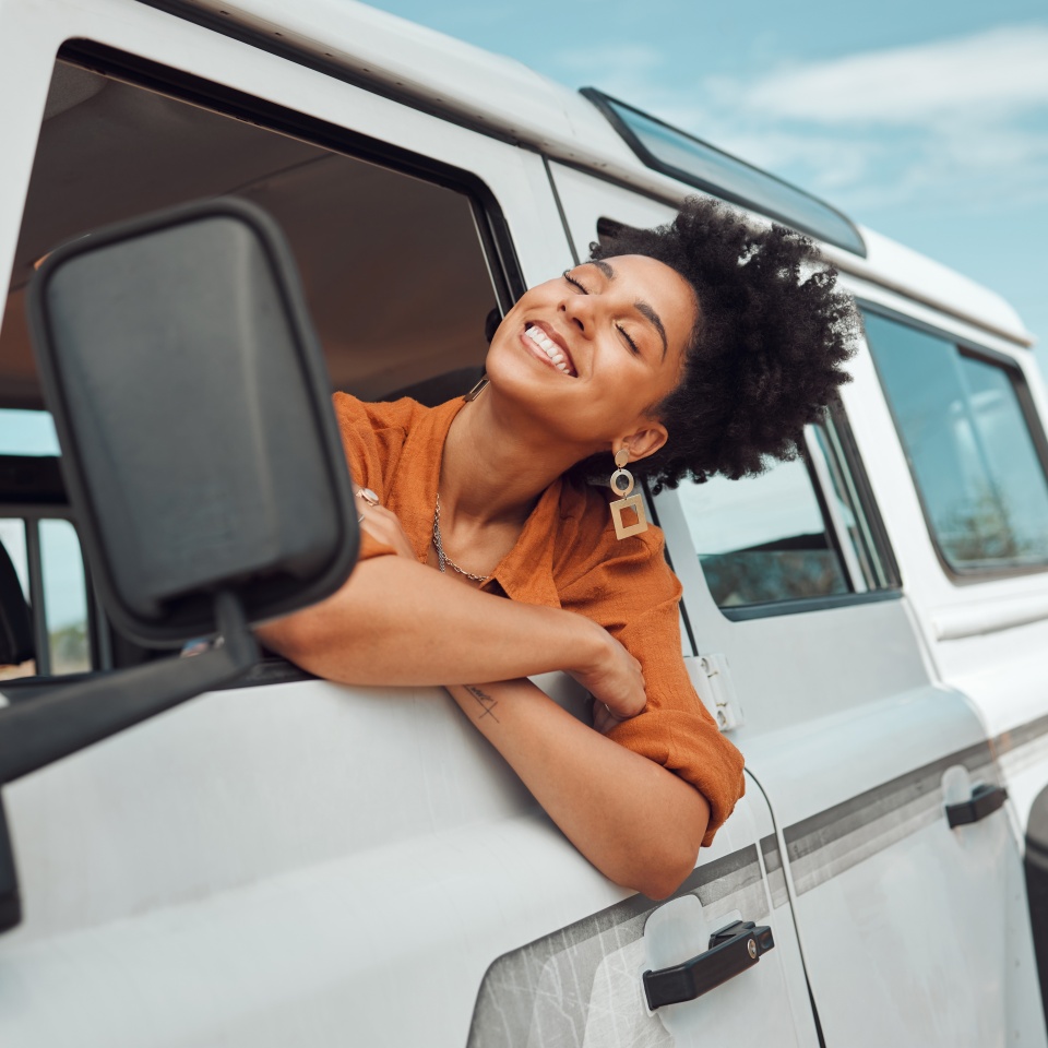 Relax black woman on road trip, happy with view of desert and transport in jeep or car on holiday in Cairo. Travel adventure drive, smile in summer vacation and explore freedom of nature in the sun