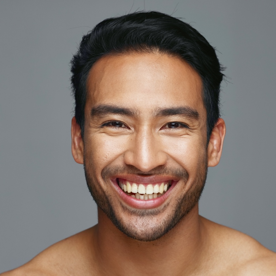 Man, face and natural beauty with hygiene and cosmetics, headshot and skincare isolated on grey background. Mockup space, portrait and clean dermatology, smile with grooming and self care in studio