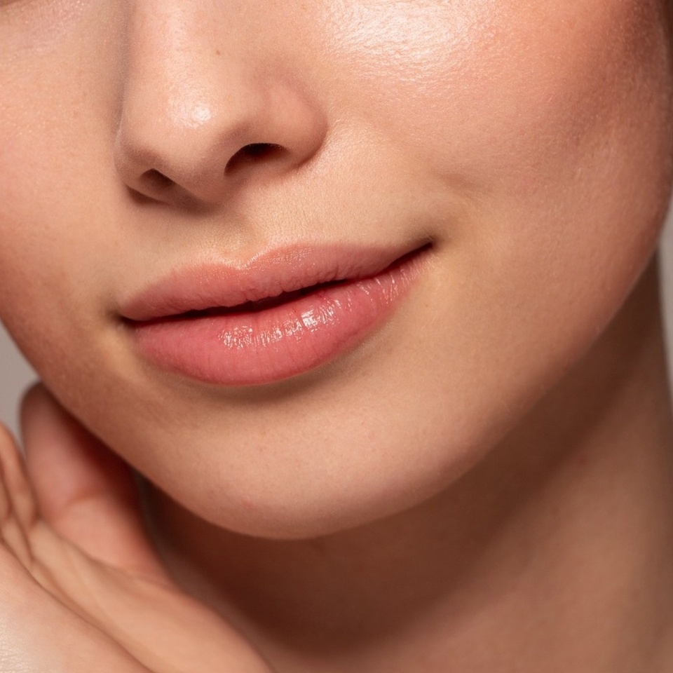 Close-up photo of a beautiful young woman's face with fresh and smooth skin and pink lips with a light background _ smooth skin with skin and body care