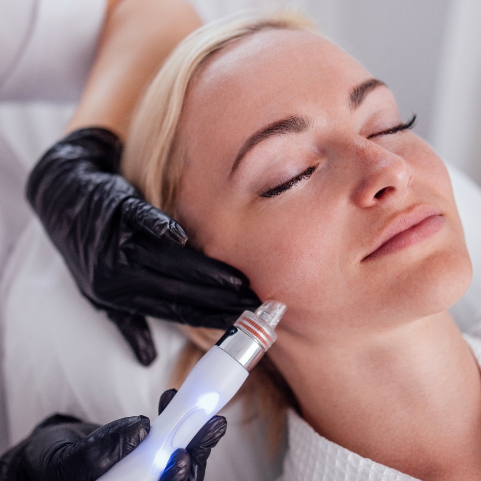 Young woman lies with her eyes closed during hardware moisturizing of the facial skin. The blonde relaxes and enjoys a rejuvenating spa treatment in a beauty salon or clinic.