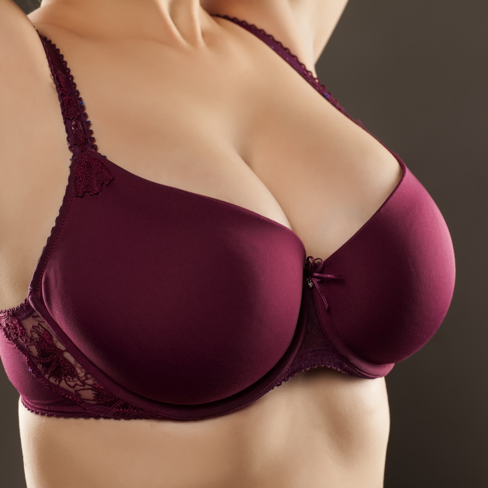 Large and beautiful women breasts in purple bra