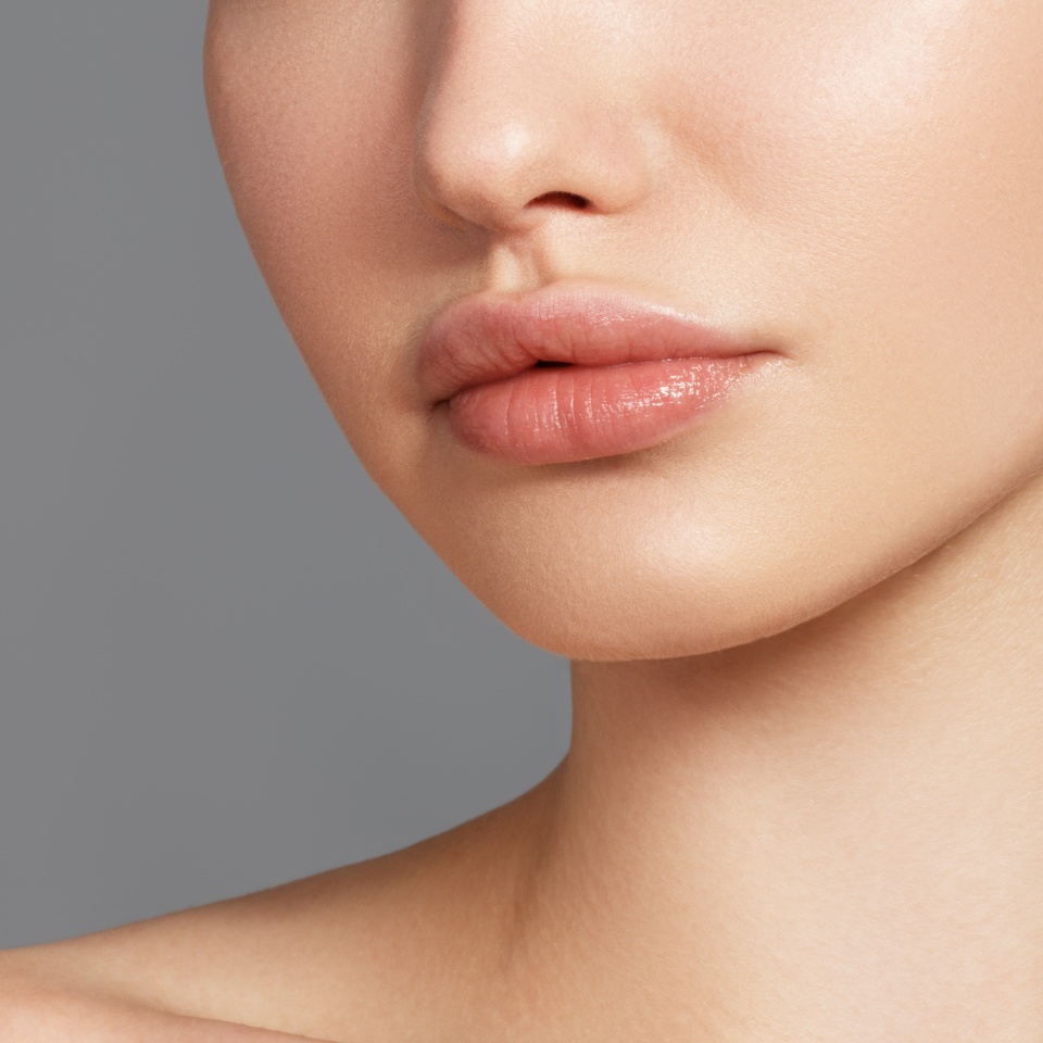 Sexy plump full lips. Close-up face detail. Perfect natural lip makeup. Close up photo with beautiful female face