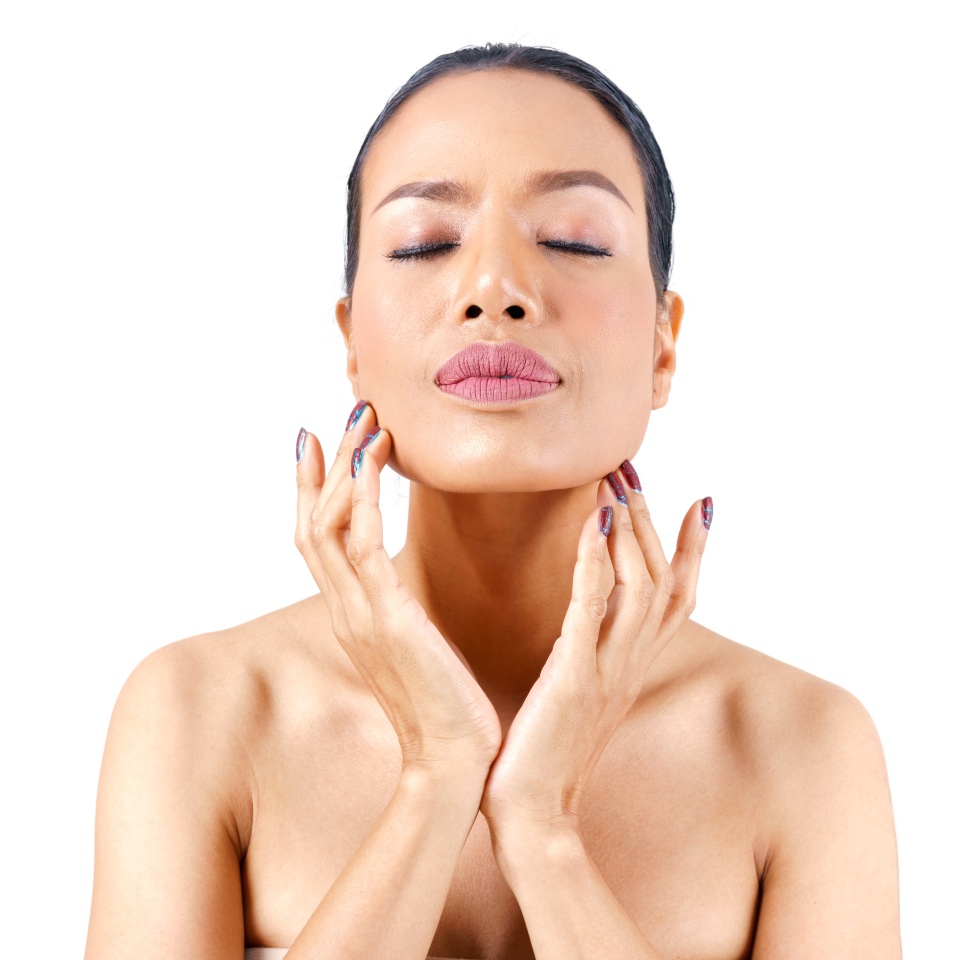 Close up beautiful middle age Asian woman's face hands touching her chin isolated on white background , beauty concept