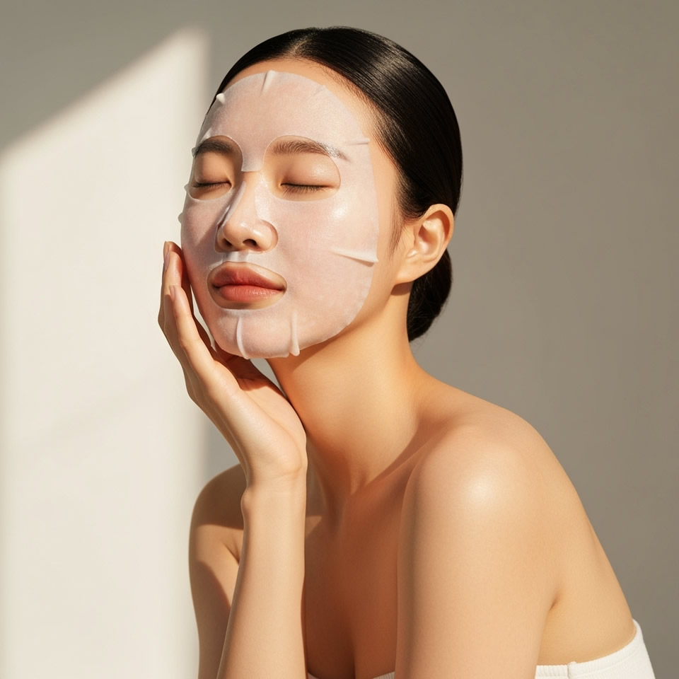 A woman with closed eyes wears a white sheet mask on her face, touching her cheek with one hand, in soft natural light.