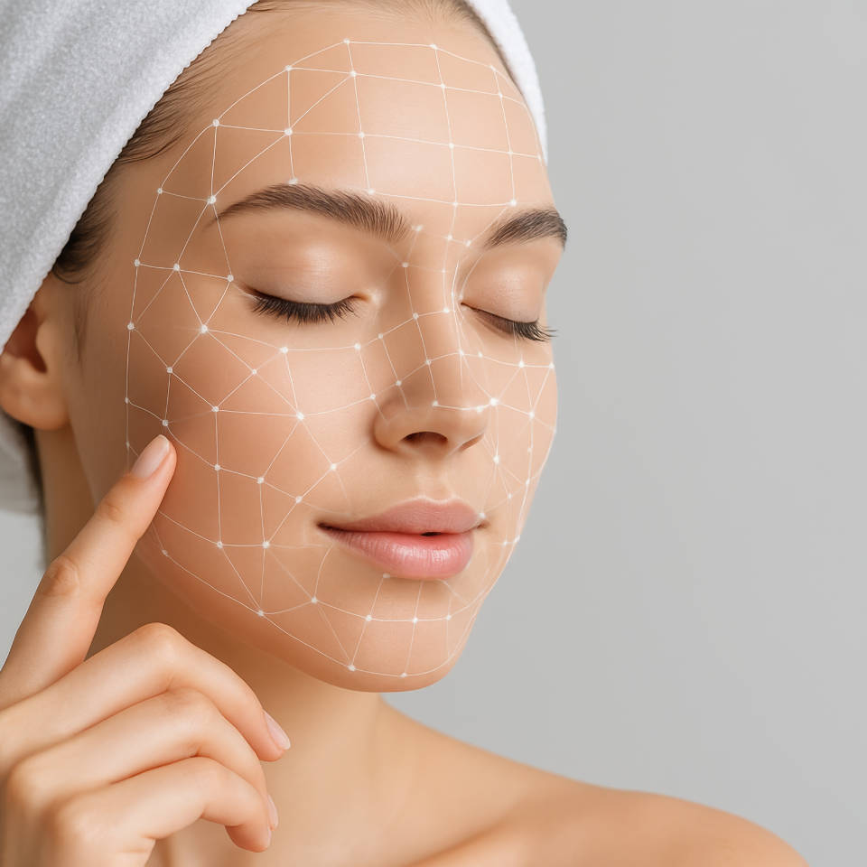 Woman with digital facial mapping lines, promoting skin analysis and beauty technology concept on neutral background. 
